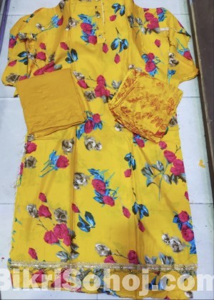 Yellow multicolour unstitched Three Piece